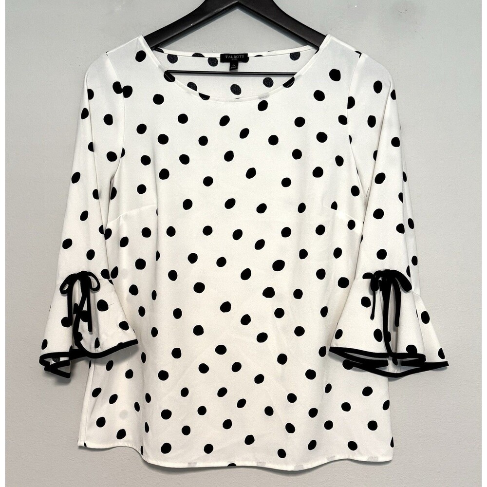 Talbots Petites Polka Dot Blouse Sz SP Ivory Black Bell Sleeve Capsule Career